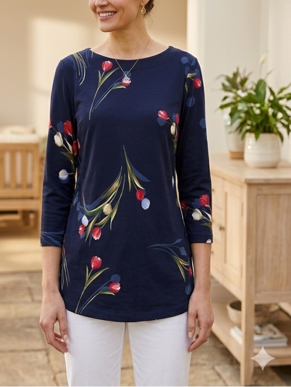 Susan Graver Navy Floral 3/4 Sleeve Tunic Top